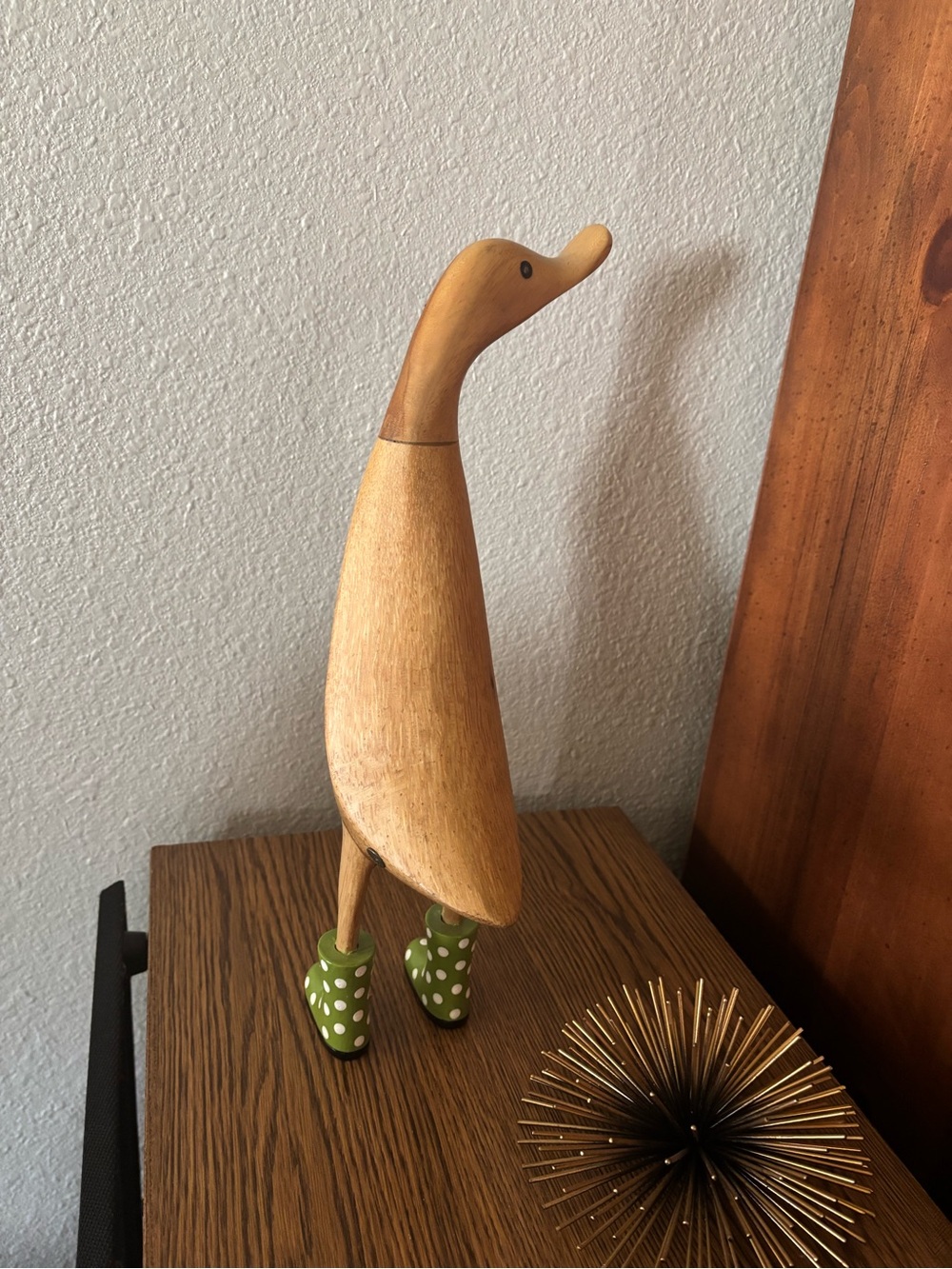 DCUK brand collectible Wooden Duck Figurine with Green Polka Dot Wellie Boots - Picture 7 of 8